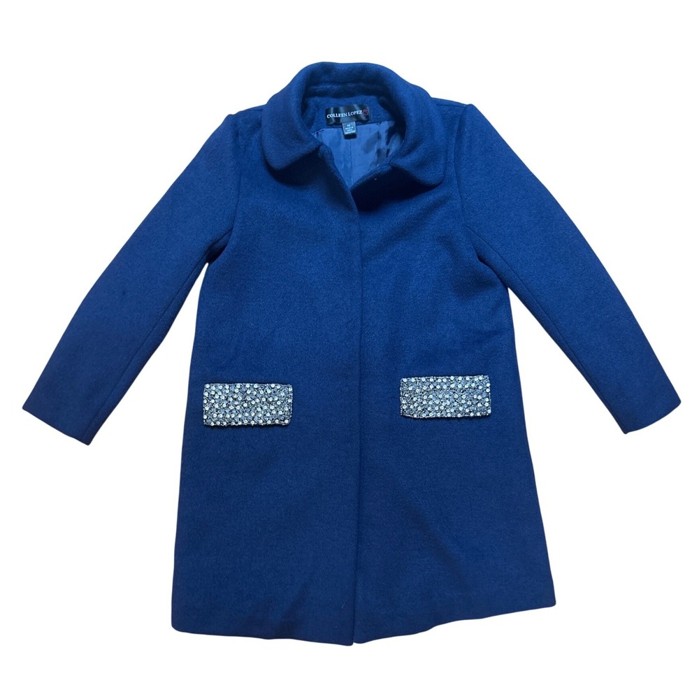 Colleen Lopez Wool Blend Coat Women Blue Excellent Rhinestone Pocket SIZE XS